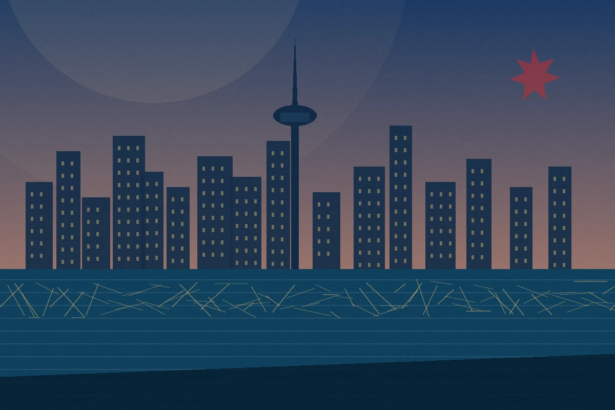 Illustrated Toronto-inspired skyline and waterfront representing travel to Canada