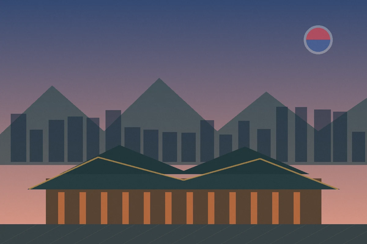 Illustrated Korean palace and city landscape representing travel to South Korea