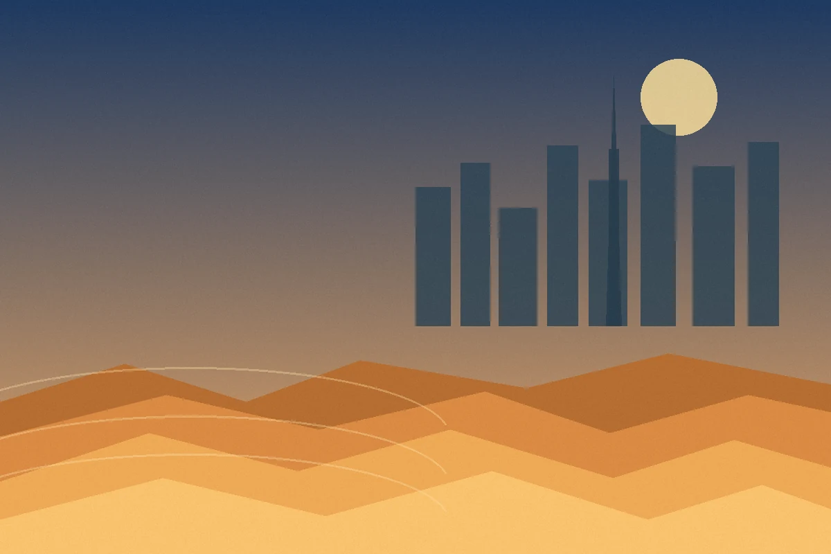 Illustrated desert and modern skyline representing travel to the United Arab Emirates